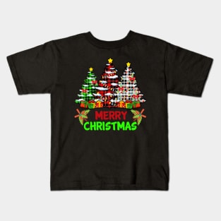 Merry Christmas Tree Buffalo Plaid Red White Green Cute Xmas Kids T-Shirt